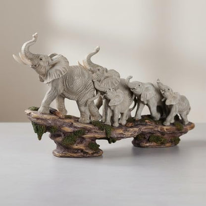Comfy Hour 14 Inch Elephant Statue, African Family Figurine - color: Gray Elephants With Weathered Cliff Base