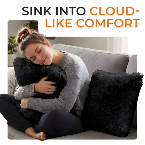 Cheer Collection Throw Pillows for Couch and Bed, Soft Shaggy Throw Pillows with Inserts Included, Cozy Long Hair Faux Fur Pillows - Set of 2-18" x 18" - Black - color: Black, size: 18 x 18-Inch