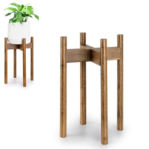 Fox & Fern Large Adjustable Plant Stand Indoor, Bamboo Stand, 8 - 12 Inch - color: Polished Bamboo - Mid, size: 8 - 12 Inch