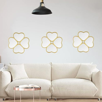 Small Decoritive Heart Wall Mirrors Set of 3, Decorative Four-Leaf Clover Mirror (Gold)