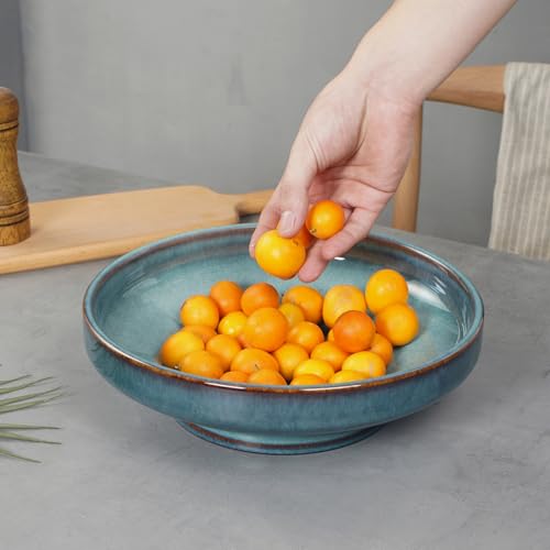 Ceramic Fruit Bowl for Kitchen Counter,Decorative Pedestal Bowl for Table Countertop,Large Footed Serving Bowl,10.2 Inch (Blue) - color: Blue