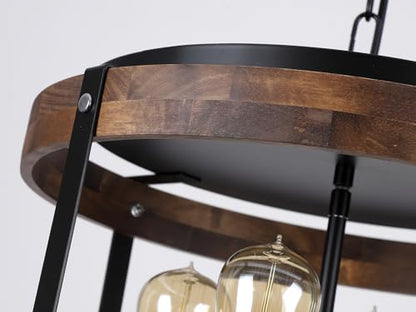 4-Light Large Rustic Farmhouse Plug in Pendant Light Fixture with Adjustable Chain, Dimmable Switch, 16.5 inch Oak Wood Drum Hanging Lamp for Dining Room Living Room Farmhouse Entry, Black - size: Large hanging lamp 1 pack