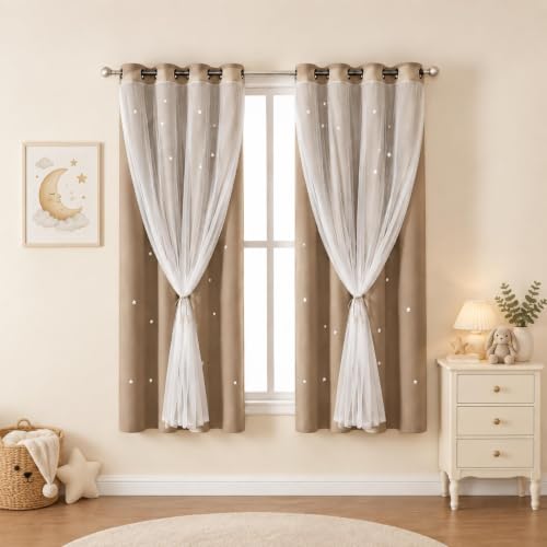 Coffee Kids Star Cutout Curtains for Bedroom 52" W x 63" L 2 Panels - color: Coffee, size: 52"W x 63"L (Pack of 2)