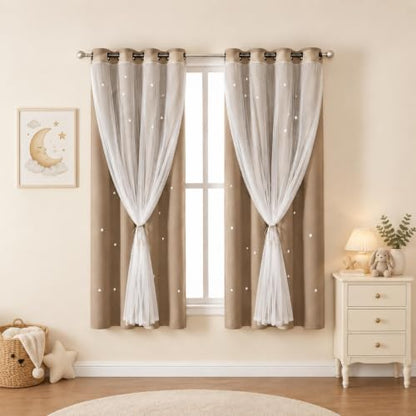 Coffee Kids Star Cutout Curtains for Bedroom 52" W x 63" L 2 Panels - color: Coffee, size: 52"W x 63"L (Pack of 2)