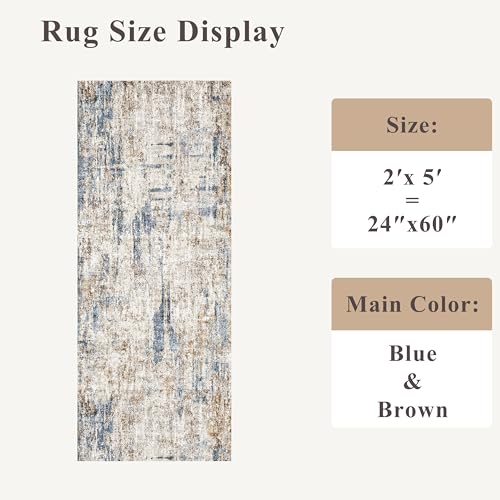 2x5 Non-Slip Washable Runner Rug – Modern Neutral Abstract Small Rug for Hallway, Kitchen, Bathroom, Bedroom, Entryway, Laundry Room – Thin Soft Low-Pile Rubber Backing（Blue Brown） - color: Blue/Brown, size: 2' x 5' (Rectangular)