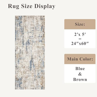 2x5 Non-Slip Washable Runner Rug – Modern Neutral Abstract Small Rug for Hallway, Kitchen, Bathroom, Bedroom, Entryway, Laundry Room – Thin Soft Low-Pile Rubber Backing（Blue Brown） - color: Blue/Brown, size: 2' x 5' (Rectangular)