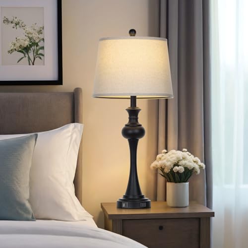 Cinyirong 28.75" Black Modern Table Lamps for Living Room, Bedside Lamp with USB A+C Ports & AC Outlets, 3 Way Dimmable Touch Lamps for Living Room,Nightstand Lamp LED Bulb Included (1Pack - color: 1Pack-Black