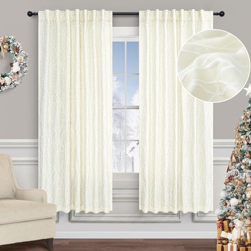 Pitalk Ivory Curtains 63 Inch Length for Bedroom 2 Panels Set Back Tab Pocket Linen Tree Branch Print Embossed Embroidered Patterned Privacy Cream White Curtain for Kitchen 50% Blackout Room Darkening - color: Cream White, size: 52"W x 63"L (Pack of 2)