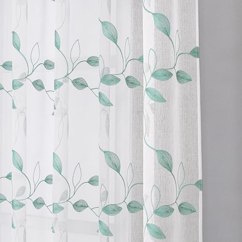 Tollpiz Teal Blue Leaf Sheer Tier Curtains Kitchen 30 x 24 Inches - color: Teal Blue, size: 30"W x 24"L (Pack of 2)