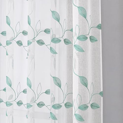 Tollpiz Teal Blue Leaf Sheer Curtain Bedroom Short 38 x 45 Inches - color: Teal Blue, size: 38"W x 45"L (Pack of 2)