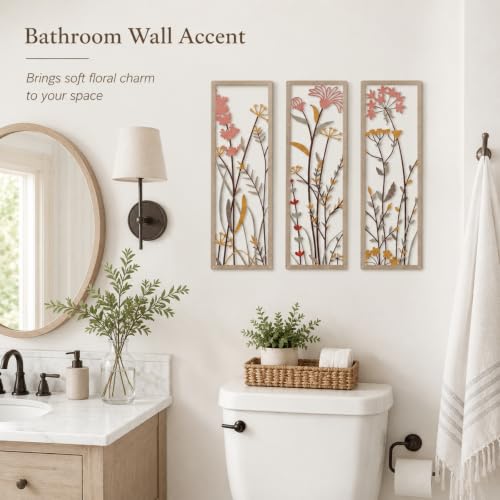 pechpell 3 Piece Metal Flower Wall Art for Bathroom Bedroom Home Decor - color: pink