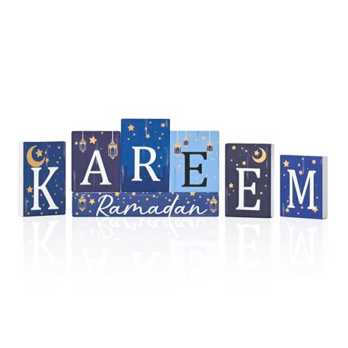 Smile Ramadan Wooden Decorations Kareem, Islamic Ramadan Tiered Tray Decor for Muslim Party Tabletop Decor Home - style: Ramadan