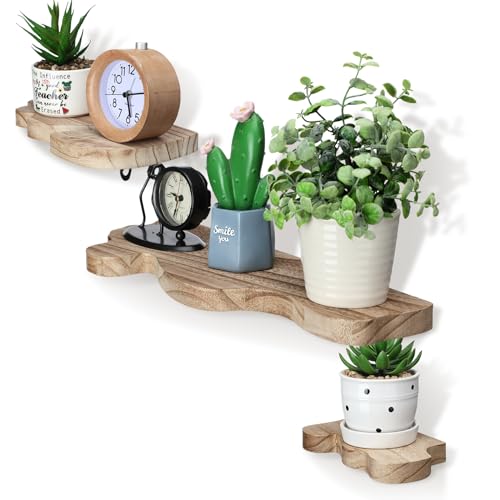 Suzile 3 Pcs Small Wave Edge Floating Shelf 3 Size Wooden Shelf, Walnut - color: Walnut