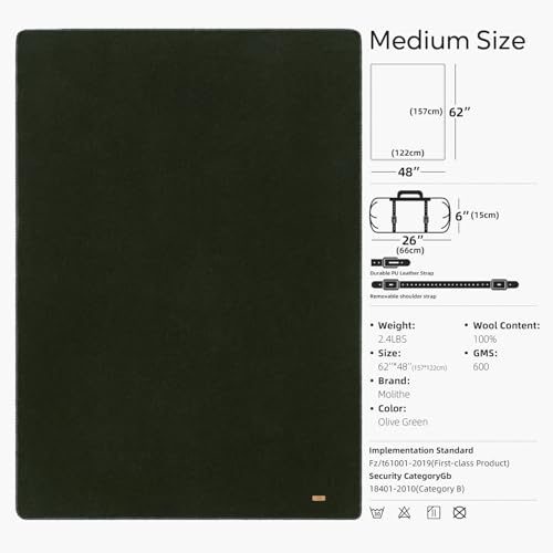 Molithe 100% Wool Blanket, 62" x 48", Warm, Thick, Military, Camping Gear - color: Olive, size: Medium
