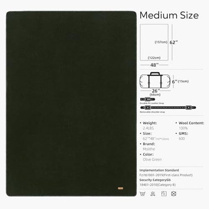 Molithe 100% Wool Blanket, 62" x 48", Warm, Thick, Military, Camping Gear - color: Olive, size: Medium