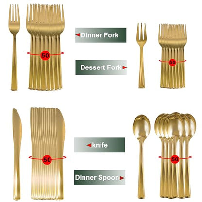 Neatiffy 200 Pcs Gold Plastic Silverware Disposable Cutlery Set, Includes 50 Forks, 50 Spoons, 50 Knives, 50 Medium Forks, Utensils Set for Catering, Parties, Dinners, Weddings - color: Gold Cutlery only