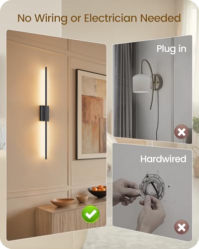 34.6" Wireless Battery Operated Wall Sconces Set of Two,Rechargeable Lamp with Remote, 360° Rotation, 10000mAh Battery, Touch Dimmable Lights for Living Room Hallway Bedroom, Black B05YBP205 - color: Black, size: 34.6 Inches