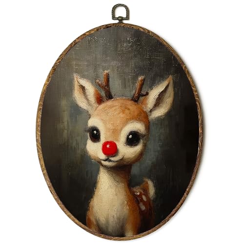 FSTCSV Christmas Cute Reindeer Oval Wall Art Framed, Whimsical Christmas Red Nose Deer Canvas Prints Wall Hanging Art, Vintage Rustic Xmas Deer Oval Walls Decor for Home Bedroom, 8.5x11.5in - color: christmas winter-13