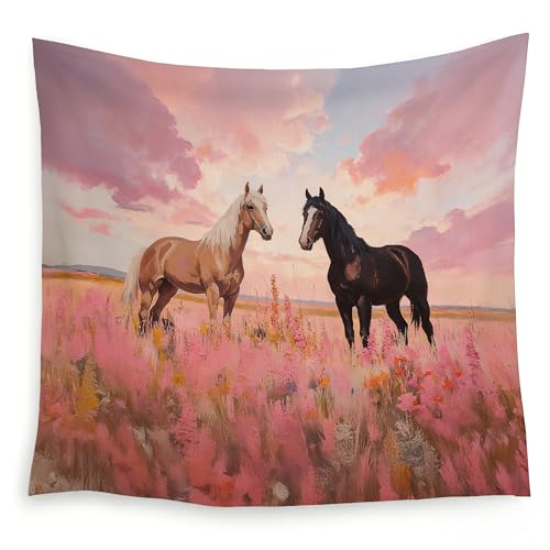 MKYFHSVGD Pink Wildflower Horse Tapestry Wall Hanging, Horse Decor for Girls Room, Pastel Floral Meadow Horses Wall Tapestry for Girls Bedroom Dorm Home Office Decorations, 50x60 Inch - color: Wildflower Horse