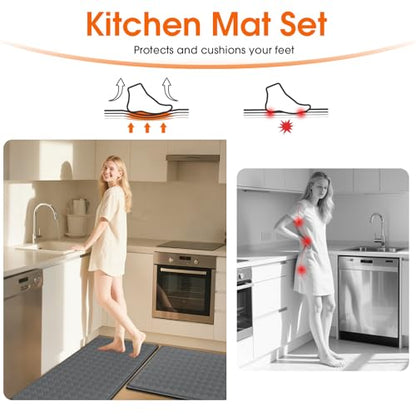 TranquilRelax 2-Piece Kitchen Mats, Cushioned Non-Slip Floor Mats, Grey - color: Grey, size: 2-Piece | 30"+59" | Standard