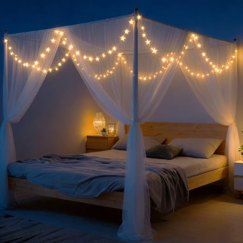 4-Opening Mosquito Net Bed Canopy with 66ft LED Lights, White - color: White+lights