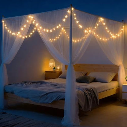 4-Opening Mosquito Net Bed Canopy with 66ft LED Lights, White - color: White+lights