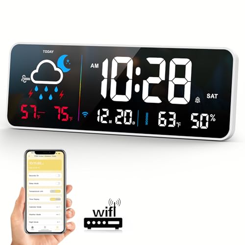 Digital Wall Clock, Digital Clock Large Display with Network Auto-Synced, Corded Smart LED Alarm Clocks Real-Time Shows Weather, Indoor/Outdoor Temp Humidity for Living Room Bedroom Classroom (White) - color: White