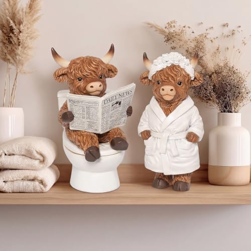 Karenhi 2 Pcs Highland Cow Figurines, Funny Bathroom Resin Statues Decor - style: Bathroom