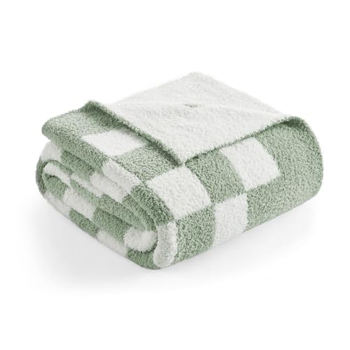 Snuggle Sac Checkered Bedding Blanket Twin Size 60x80, Super Soft Cozy Warm Knit Blankets, Reversible Breathable Lightweight Fluffy Throws for Sofa, Bed, Checkered Sage Green, 60x80 Inches - color: Checkered Sage Green, size: Twin(60"x 80")
