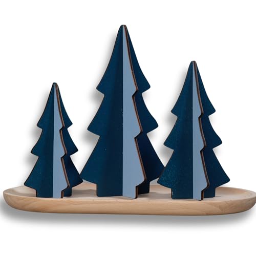 Your Heart's Content Set of 3 Slate Blue Wood Trees, Sustainable Holiday Decor, Vintage Christmas, Handmade USA, Mantel Accent, Interlocking Design, Winter (Set 3 Slate Blue) - color: Set 3 Slate Blue