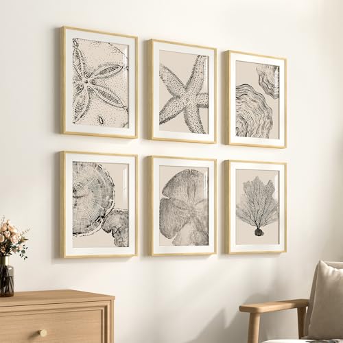 Framed Black and Beige Neutral Abstract Wall Art for Living Room, 6 Piece - color: Coastal & Tree Ring