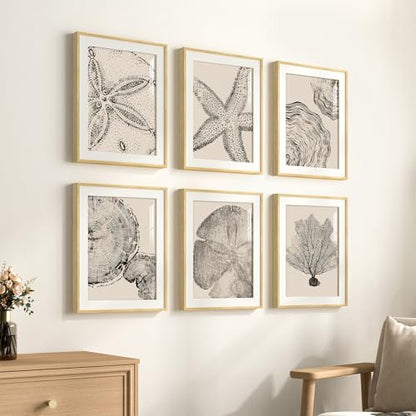 Framed Black and Beige Neutral Abstract Wall Art for Living Room, 6 Piece - color: Coastal & Tree Ring