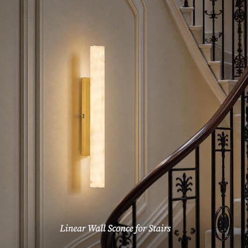 36" Alabaster Wall Sconce, Large Brass Linear Sconce, Modern Bathroom Vanity Light, 3000K Dimmable Faux Alabaster Sconces, Durable Indoor Wall Lamp for Bedroom Living Room, Entryway, Stairs (1 Pack) - color: Gold-36in-1pcs
