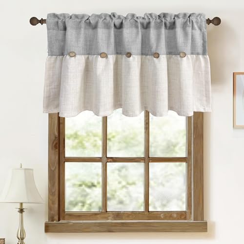 Farmhouse Boho Linen Button Valance for Kitchen Window Dining Room - color: Grey, size: 39"W x 20"L (Pack of 1)