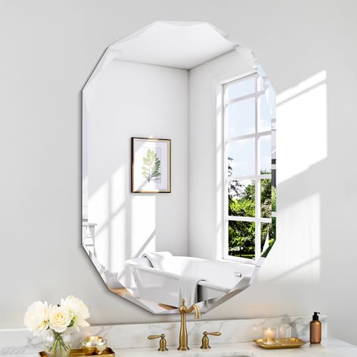 GLASHOM Frameless Oval Bathroom Mirror, 24x36 inch Beveled Wall Mirror - size: 24"L x 36"W