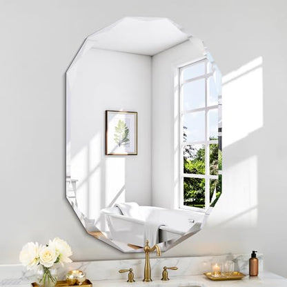 GLASHOM Frameless Oval Bathroom Mirror, 24x36 inch Beveled Wall Mirror - size: 24"L x 36"W