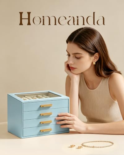 Homeanda Jewelry Boxes Organizer with Glass Lid, 4-Layer PU Leather, Blue - color: Smoky Blue, size: 4 Layer