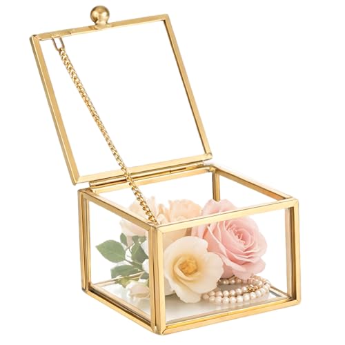 MAOPINER 2.36 x 2.36 x 1.77 Vintage Gold Glass Jewelry Box with Lid
