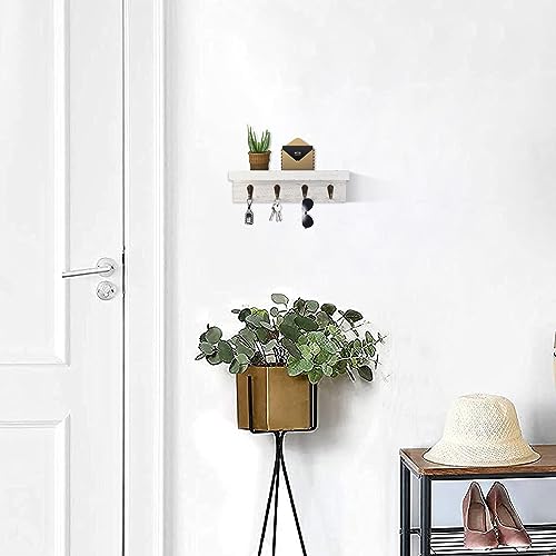 Key Holder Wall Mount, Farmhouse Wall Shelf with 4 Hooks for Entryway - color: White