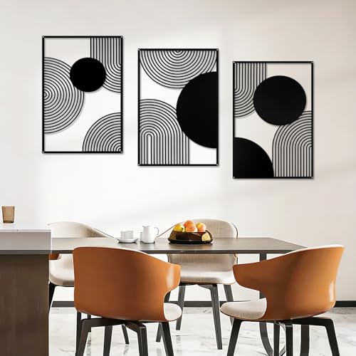 YIYA 3 Pieces Black Metal Wall Decor Black Modern Geometric Wall Decor Hanging Minimalist Line Wall Art for Bedroom Living Room Bathroom Balcony Gallery - style: semicircle