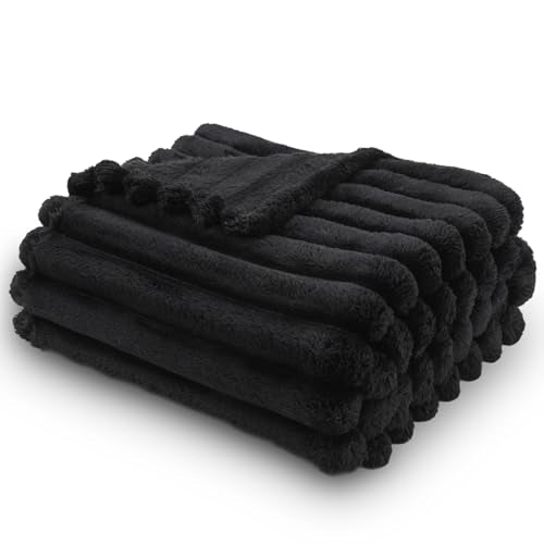 NEWCOSPLAY Fleece Ribbed Cozy Throw Blanket for Couch, Black, 50"x60" - color: Black Ribbed, size: Throw(50"x60")