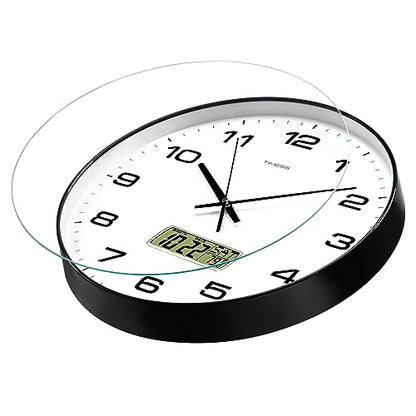 TIMESS 14-Inch Non-Ticking Analog Wall Clock with LCD Display, Black - color: Black, size: 14 Inch