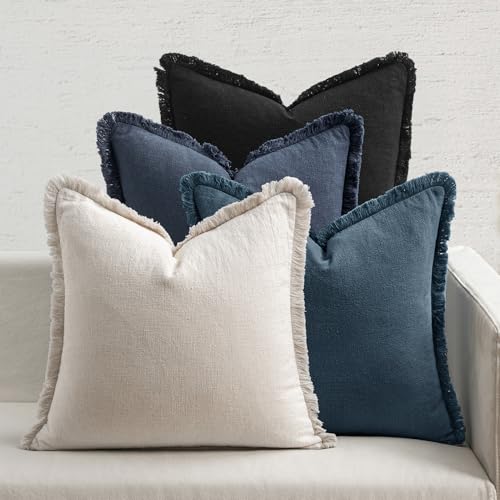 MIULEE Fall Linen Fringe Pillow Covers Set of 4 18x18 Beige/Coastal Blue - color: Coastal Blue, size: 18" x 18" (Pack of 4)