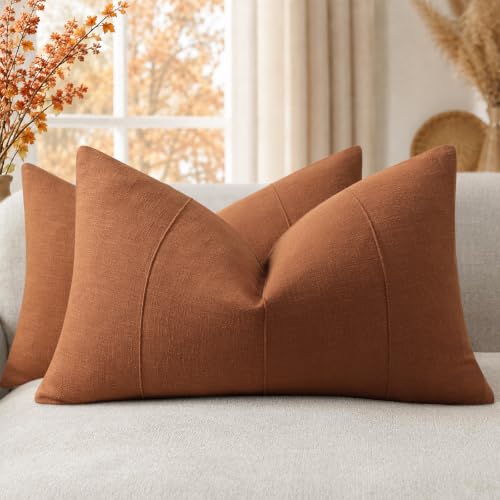 ZWJD 12x20 Pillow Covers Set of 2 Decorative Linen Lumbar Pillow Covers Solid Handcrafted Striped Cushion Covers for Bed Soft Modern Farmhouse Neutral Pillowcase for Couch Bedroom Living Room (Rust) - color: Rust, size: 20" x 12" (Pack of 2)