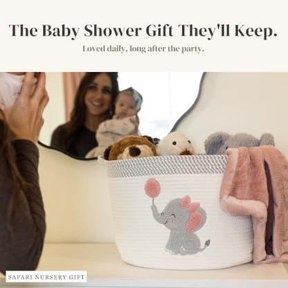 Elephant Baby Storage Basket for Girls, Cotton Rope Nursery Bin, 15x11 in - color: Girl Elephant