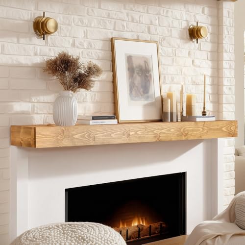 60x8x3in Rustic Fireplace Mantel Pine Wood, Natural Wood - color: Natural Wood, size: 60x3x8-hollow