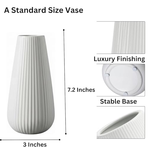 White Ceramic Vase, 8 Inch Modern Ribbed Design, Flower Vase for Home Decor, Cute Vase for Living Room, Dining Table, Office, Bedroom, Kitchen Shelf