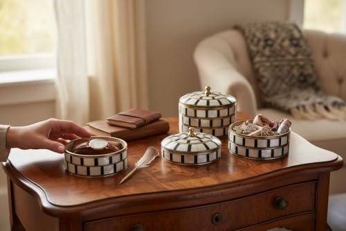 Set of 3 Vintage Round Hand-Painted Jewelry Trinket Boxes | Antique Metal Decorative Cases with Mother of Pearl | Sindoor, Coin & Keepsake Boxes for Women & Home Decor (Black-Pearl) - color: Black-Pearl