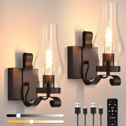 Vintage Battery Operated Wall Sconces Set of 2, Rustic Wall Lights - color: Bronze