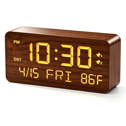 Premium Wooden Digital Alarm Clock with USB Charging Ports, Dimmable LED Display, Date, Day of Week, Temperature, DST, Clocks for Bedrooms, Desk, Nightstand, Bedside, Table, Office, Living Room Decor - color: Rectangle - Brown